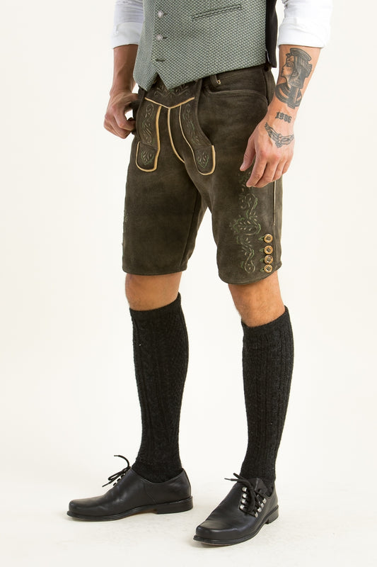 Ostarrichi 'Alois' Suede Lederhose with Green Embroidery